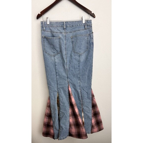 BDG Sasha Raw-Edge Fishtail Maxi Skirt Patchwork Grunge Plaid Flare Panel Small - Picture 7 of 11
